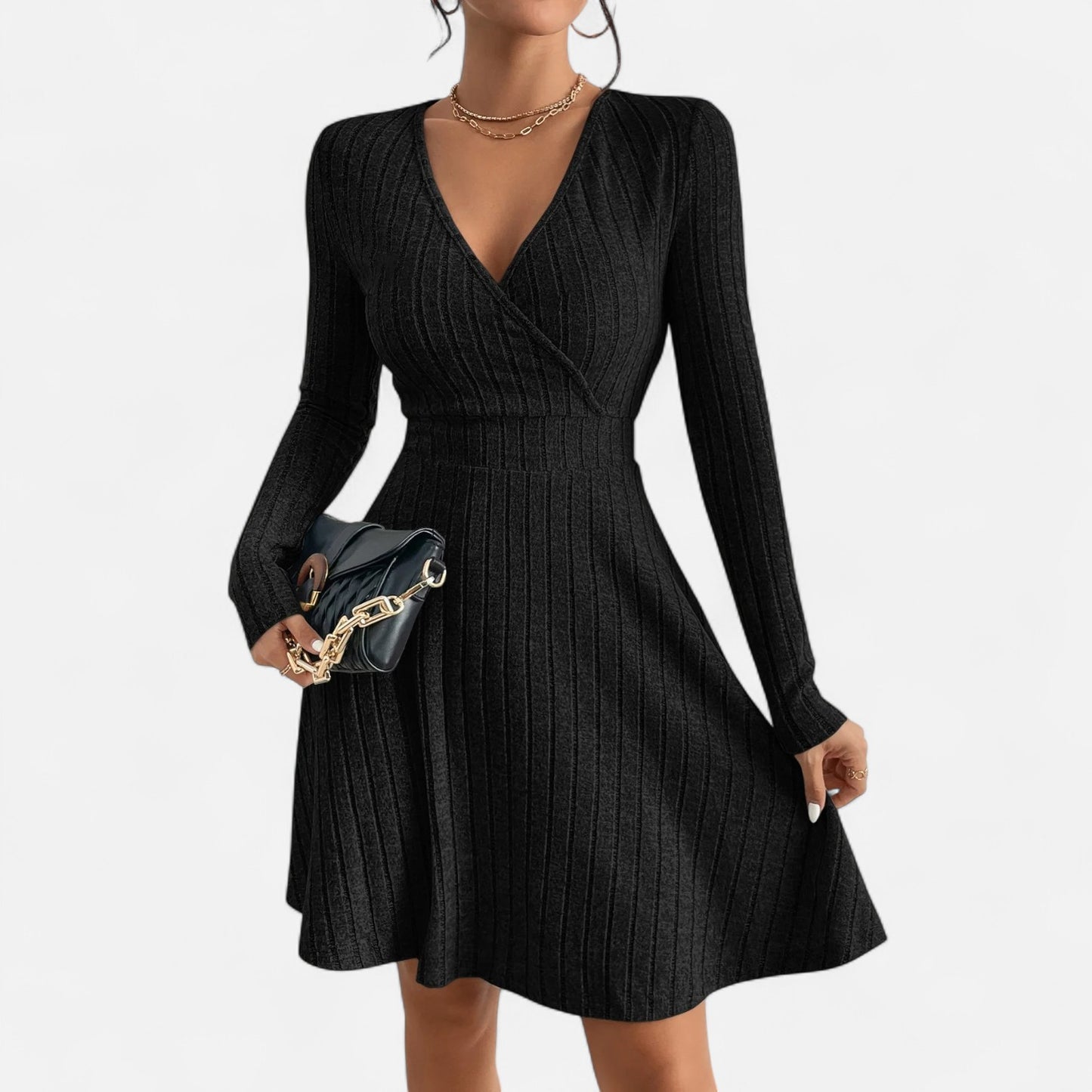 Celvarin | Women’s Premium Long-Sleeve Knitted Bodycon Midi Dress with V-Neck