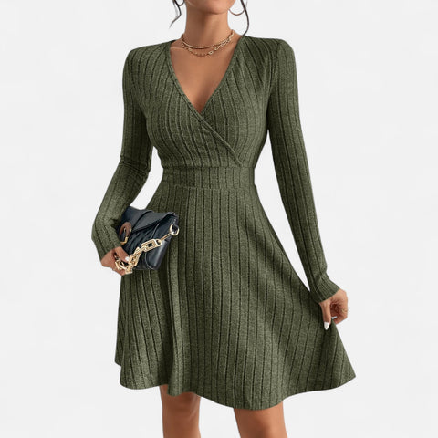 Celvarin | Women’s Premium Long-Sleeve Knitted Bodycon Midi Dress with V-Neck