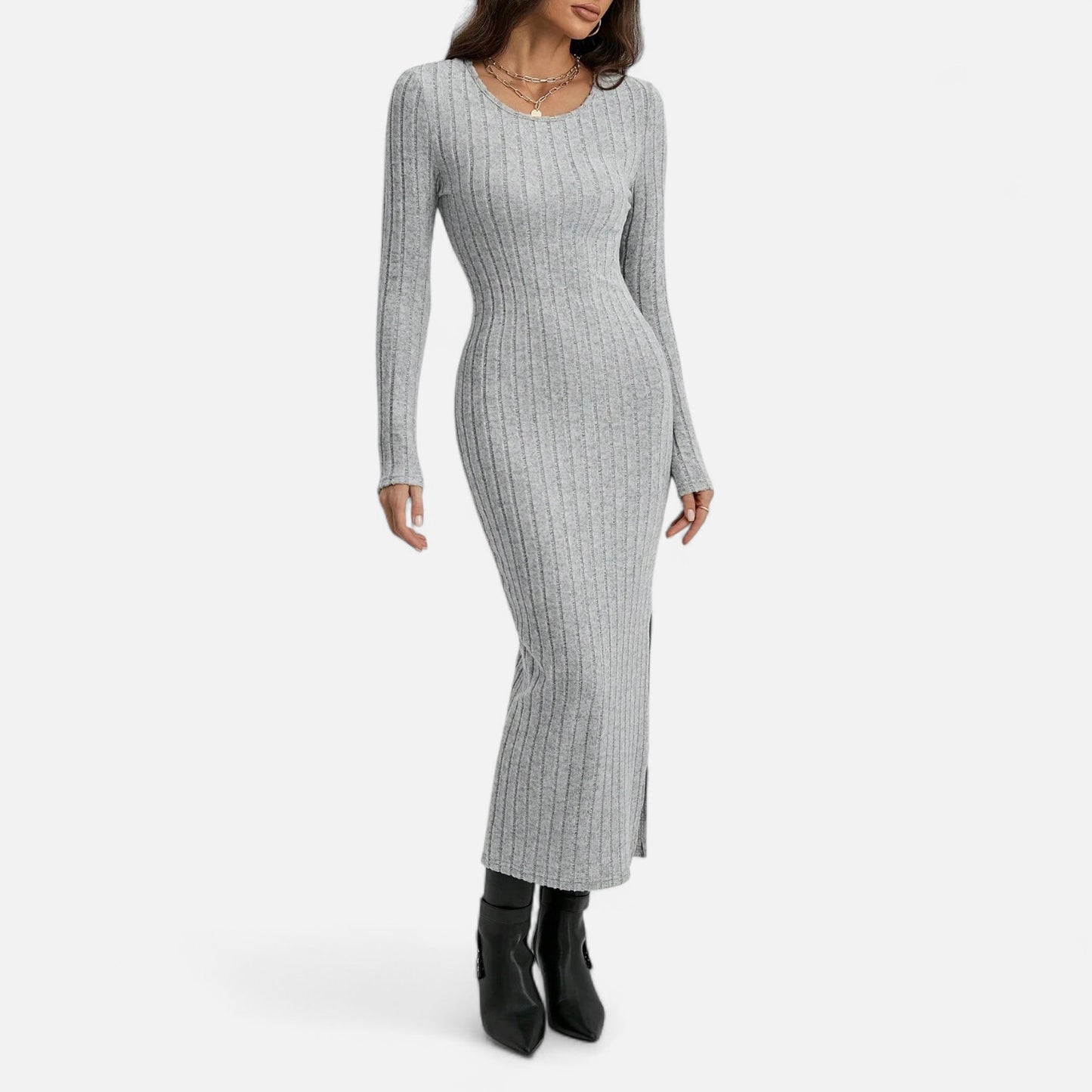 Celvarin | Women’s Premium Knitted Striped Bodycon Maxi Dress with U-Neck and Side Slit