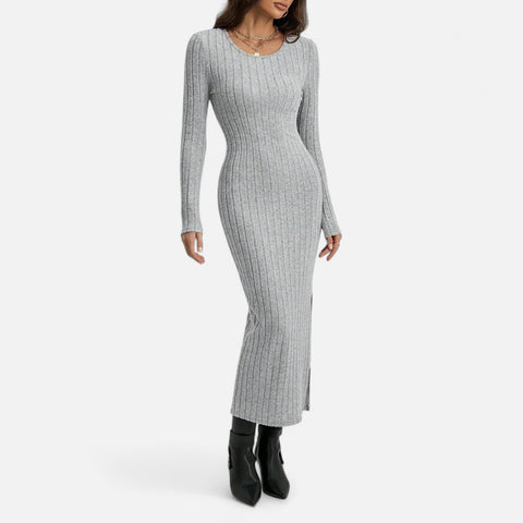 Celvarin | Women’s Premium Knitted Striped Bodycon Maxi Dress with U-Neck and Side Slit