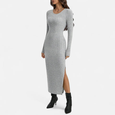Celvarin | Women’s Premium Knitted Striped Bodycon Maxi Dress with U-Neck and Side Slit