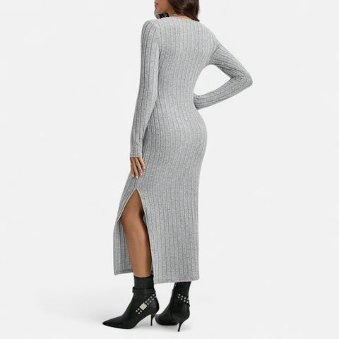 Celvarin | Women’s Premium Knitted Striped Bodycon Maxi Dress with U-Neck and Side Slit