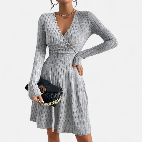 Celvarin | Women’s Premium Long-Sleeve Knitted Bodycon Midi Dress with V-Neck