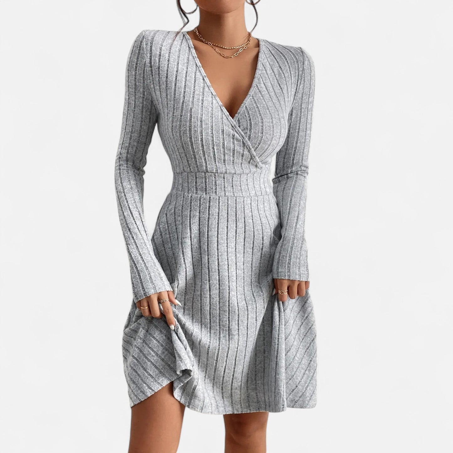 Celvarin | Women’s Premium Long-Sleeve Knitted Bodycon Midi Dress with V-Neck
