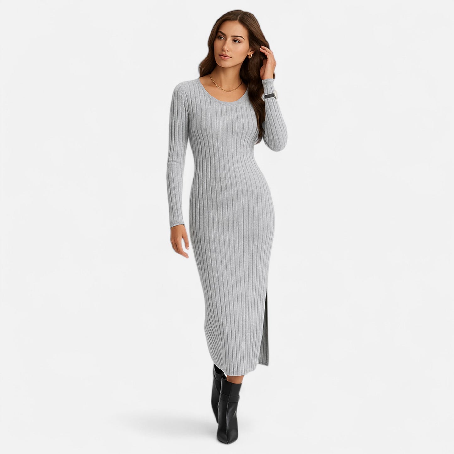 Celvarin | Women’s Premium Knitted Striped Bodycon Maxi Dress with U-Neck and Side Slit
