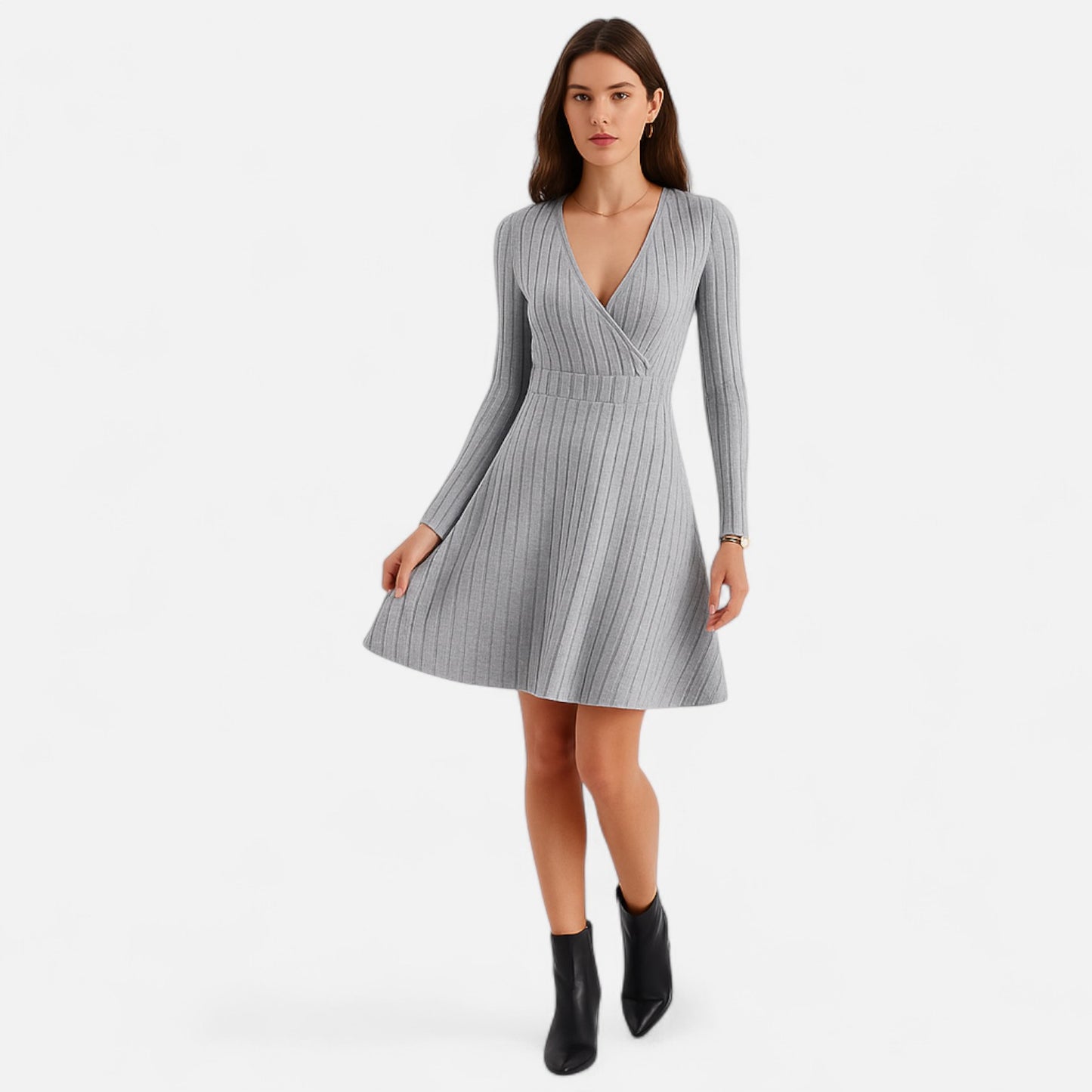 Celvarin | Women’s Premium Long-Sleeve Knitted Bodycon Midi Dress with V-Neck