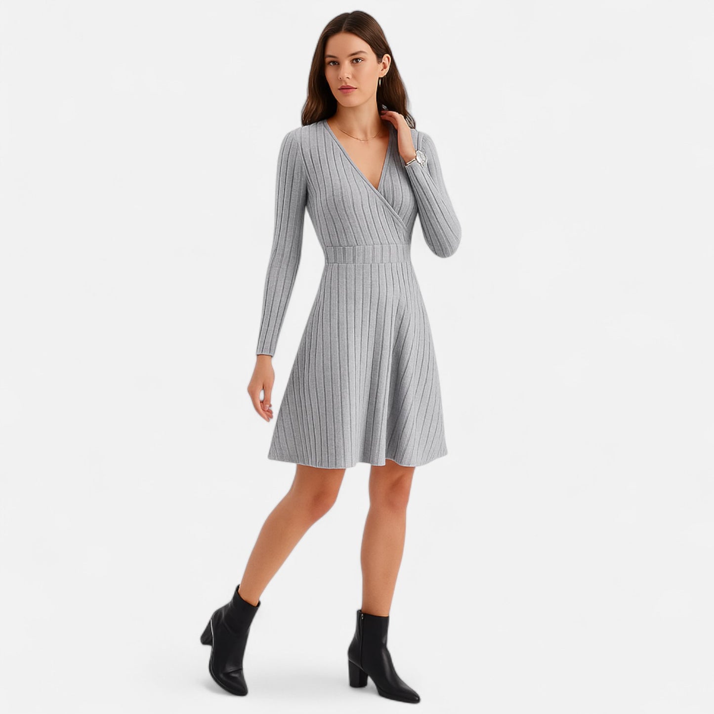 Celvarin | Women’s Premium Long-Sleeve Knitted Bodycon Midi Dress with V-Neck