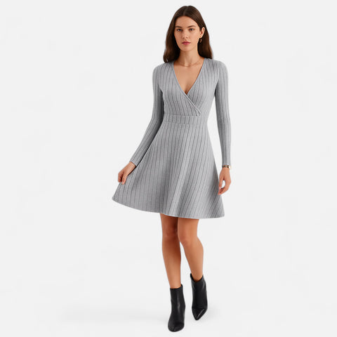 Celvarin | Women’s Premium Long-Sleeve Knitted Bodycon Midi Dress with V-Neck
