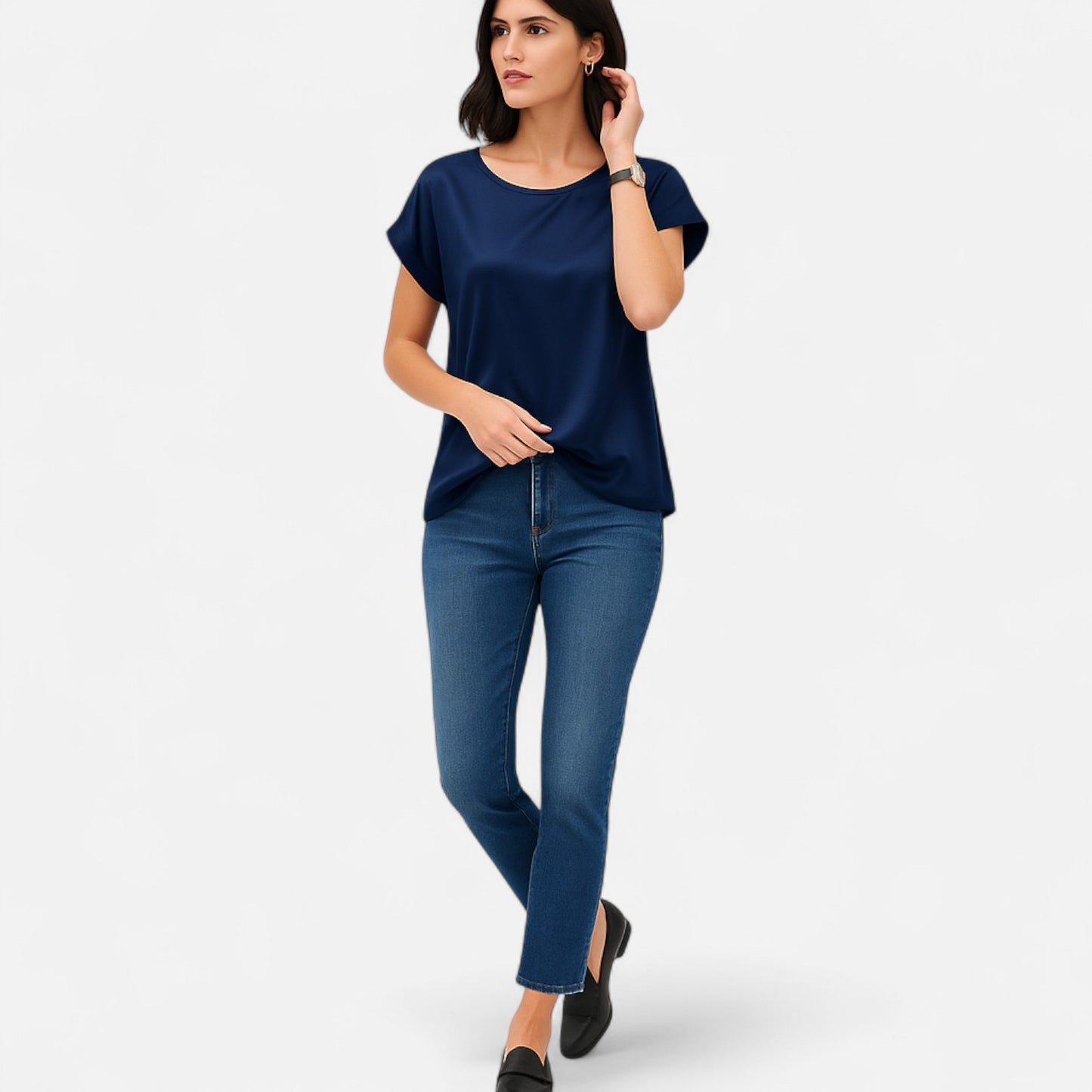 Celvarin | Women’s Premium Satin Blouse with Batwing Sleeves and Round Neck