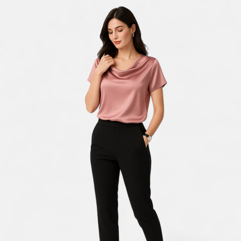 Celvarin | Women’s Premium Oversized Short Sleeve Satin Blouse with Round Neck