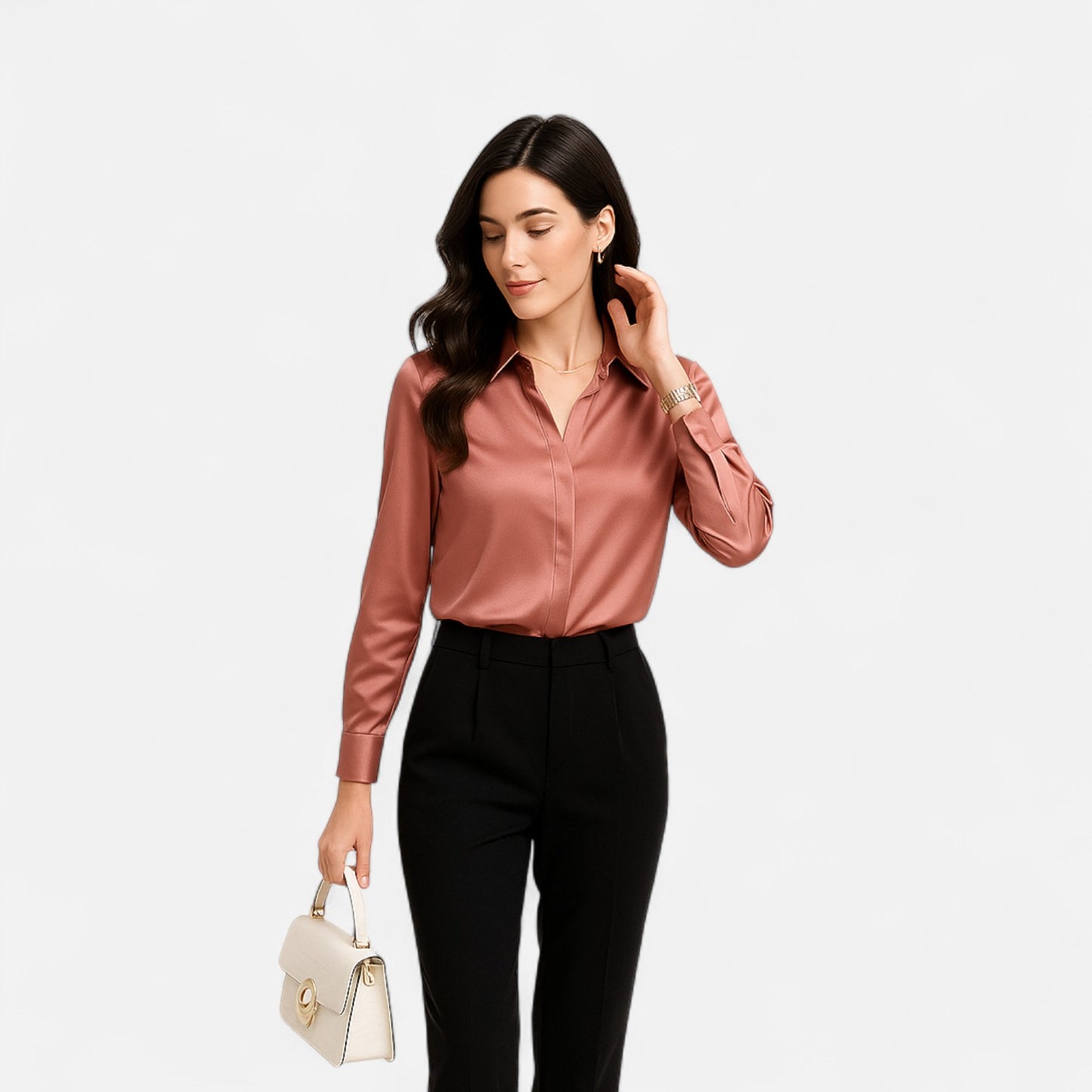 Celvarin | Women’s Premium Long Sleeve Vintage Satin Shirt – Travel-Friendly Design
