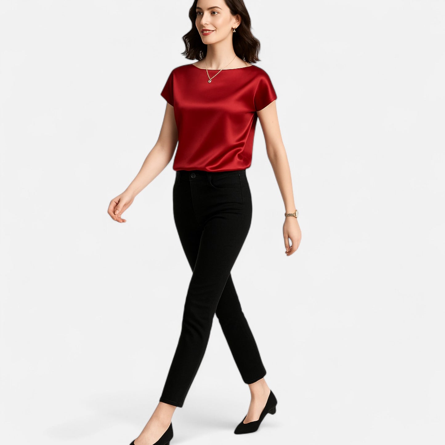 Celvarin | Women’s Premium Short Sleeve Satin Blouse – Round Neck