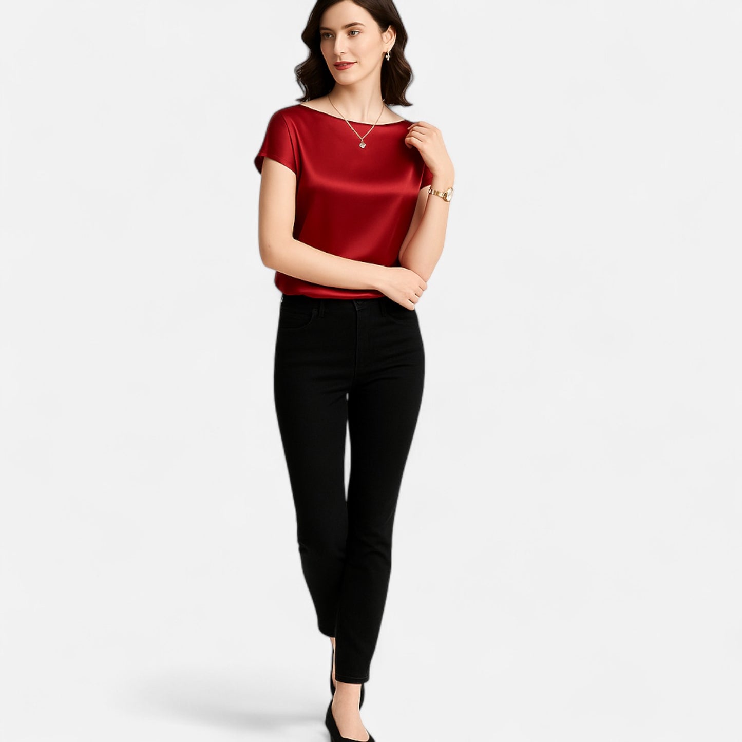 Celvarin | Women’s Premium Short Sleeve Satin Blouse – Round Neck