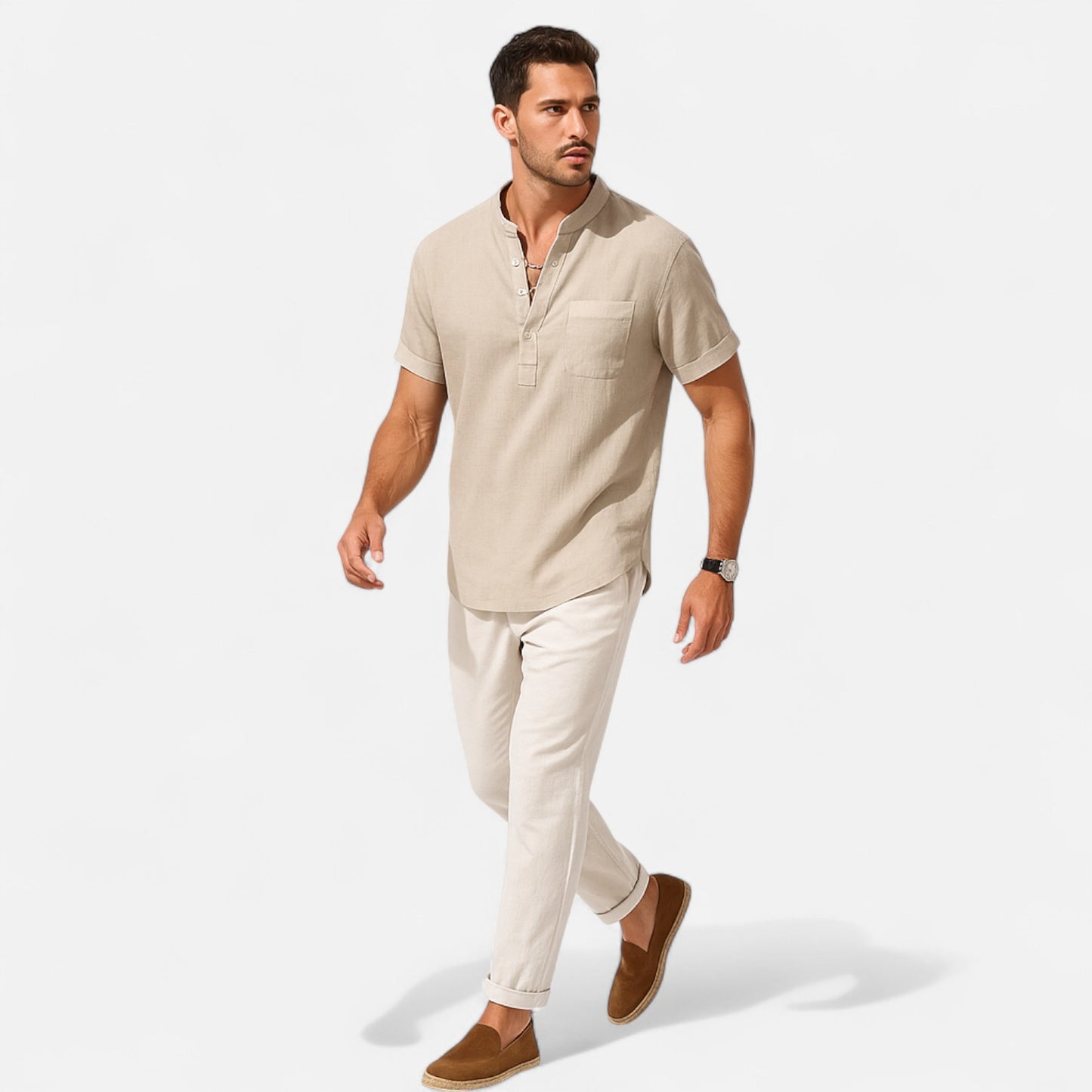 Celvarin | Men’s Premium Short-Sleeve Cotton-Linen Henley Shirt