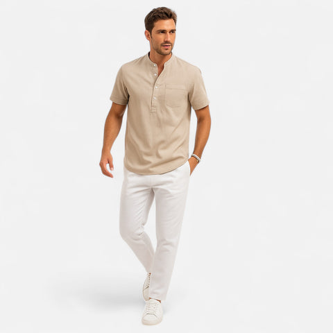 Celvarin | Men’s Premium Short-Sleeve Cotton-Linen Henley Shirt with Chest Pocket