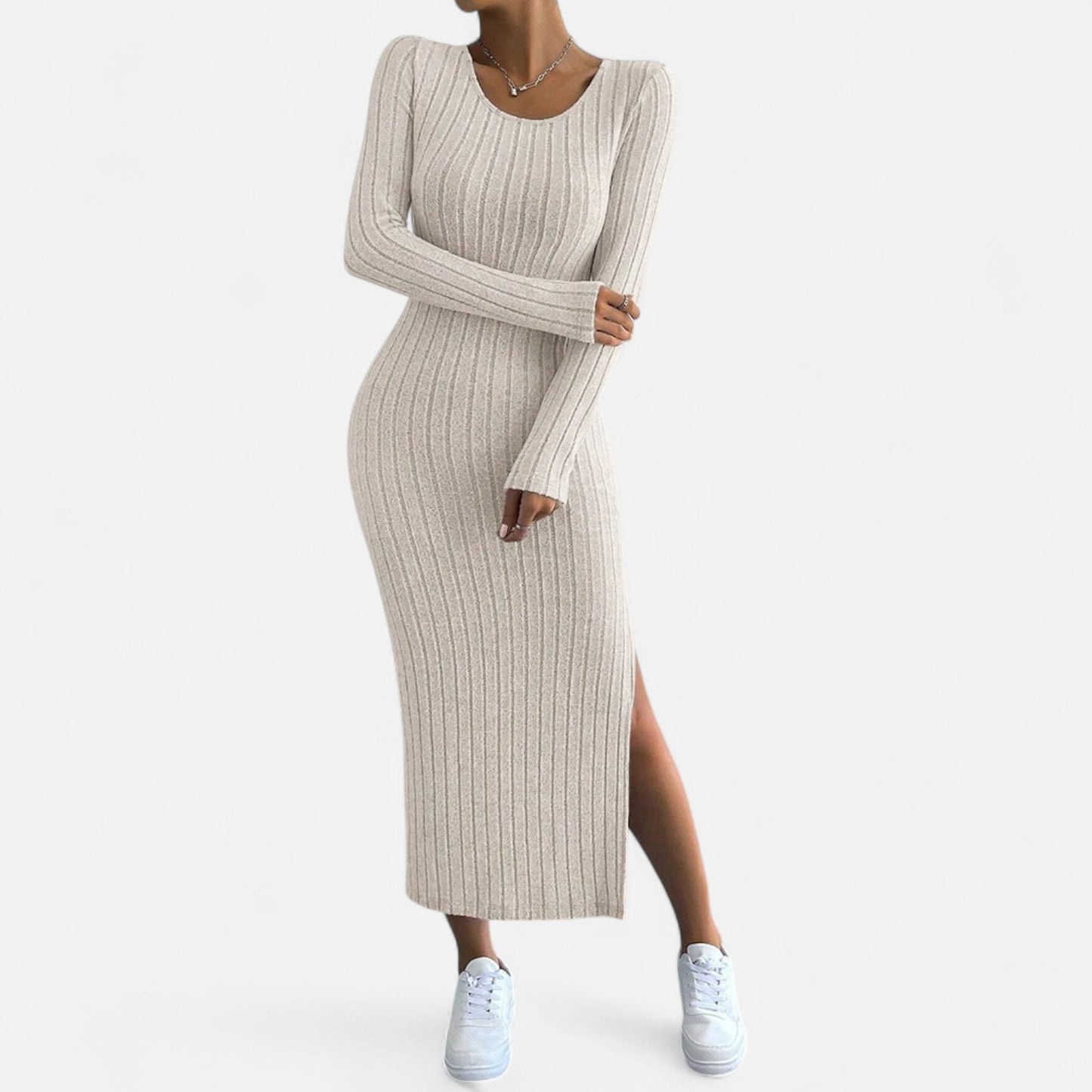 Celvarin | Women’s Premium Knitted Striped Bodycon Maxi Dress with U-Neck and Side Slit