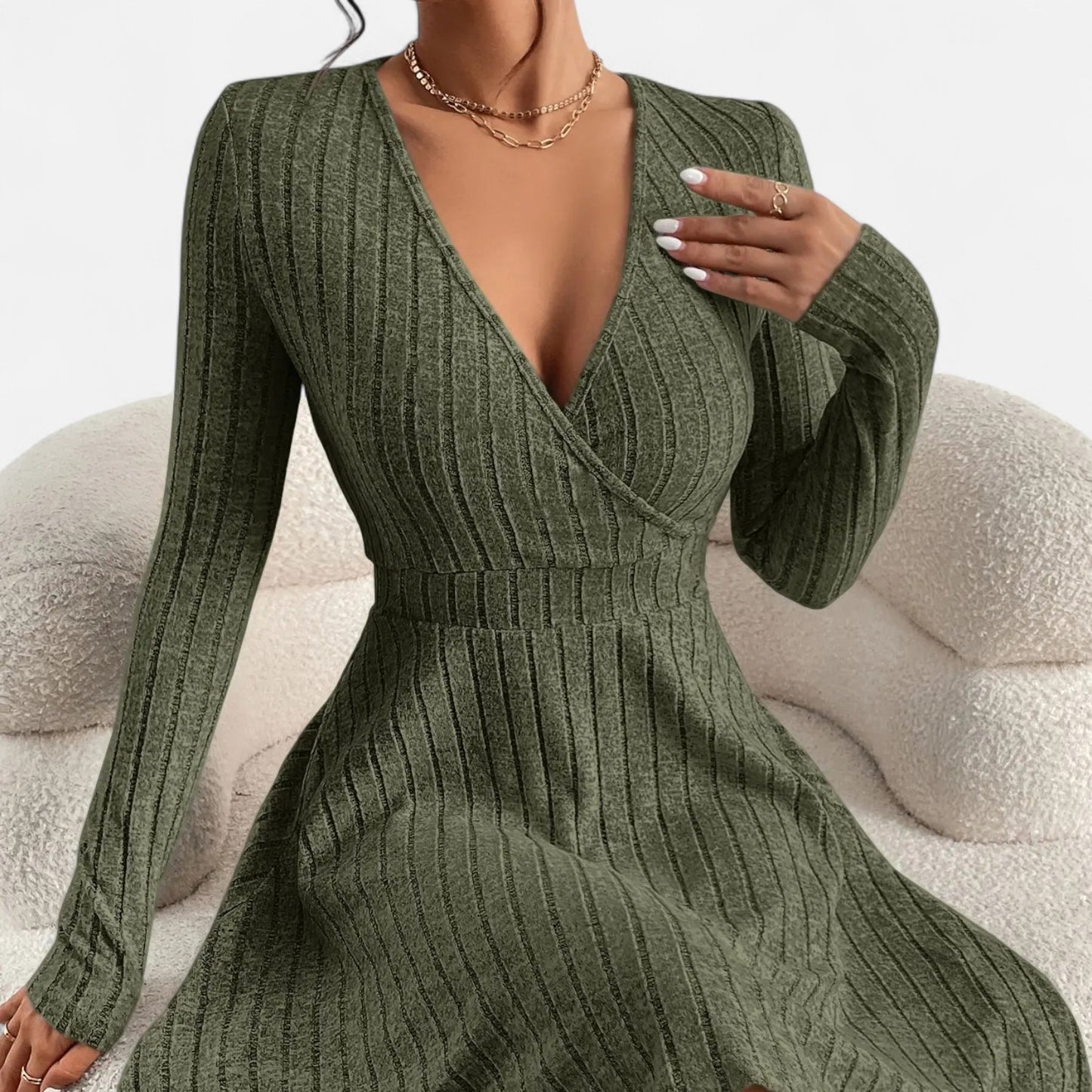 Celvarin | Women’s Premium Long-Sleeve Knitted Bodycon Midi Dress with V-Neck
