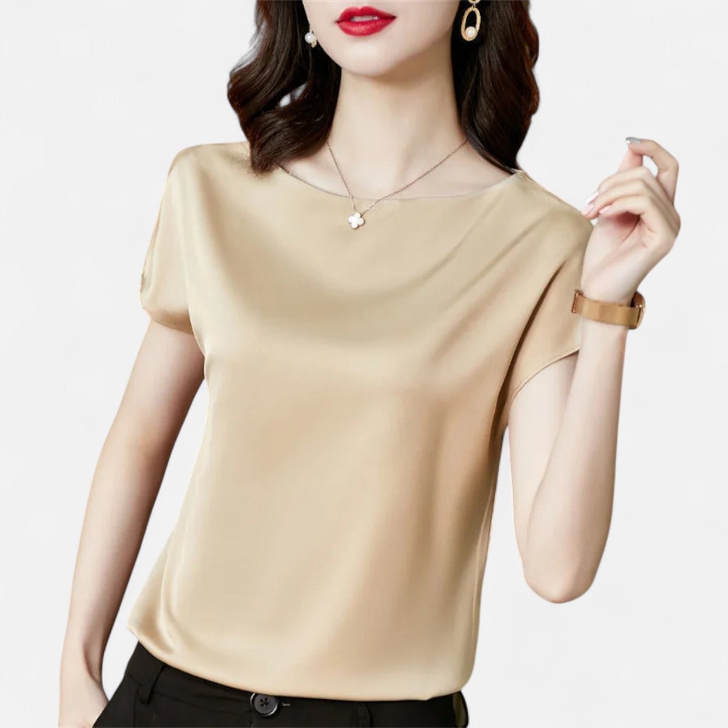 Celvarin | Women’s Premium Short Sleeve Satin Blouse – Round Neck