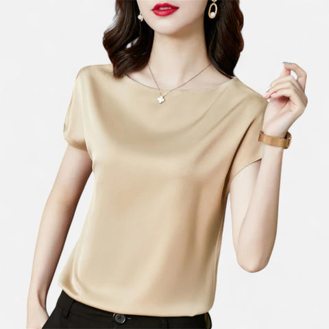 Celvarin | Women’s Premium Short Sleeve Satin Blouse – Round Neck
