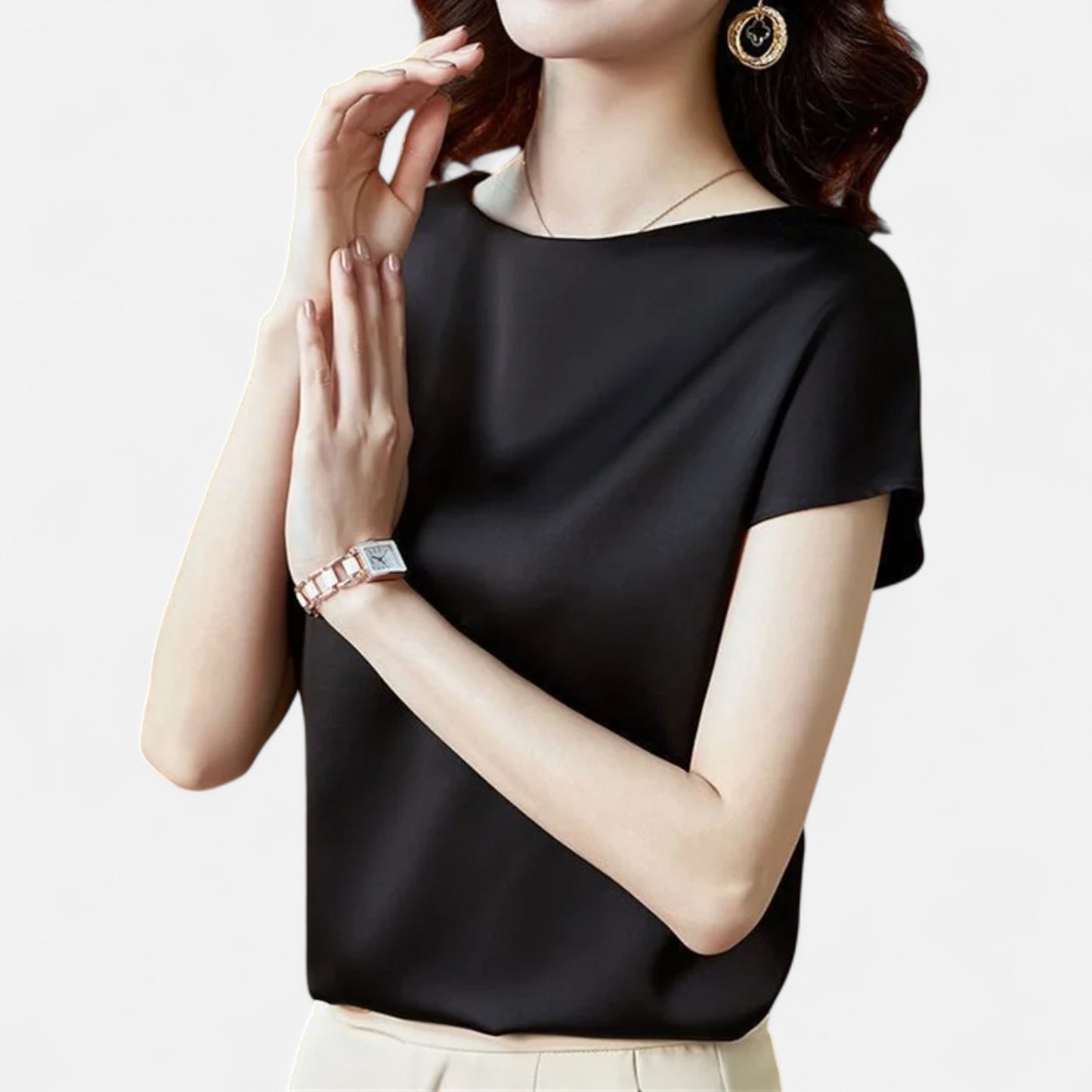 Celvarin | Women’s Premium Short Sleeve Satin Blouse – Round Neck