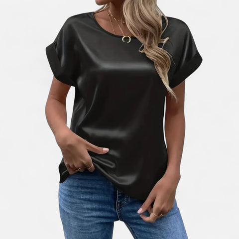 Celvarin | Women’s Premium Satin Blouse with Batwing Sleeves and Round Neck