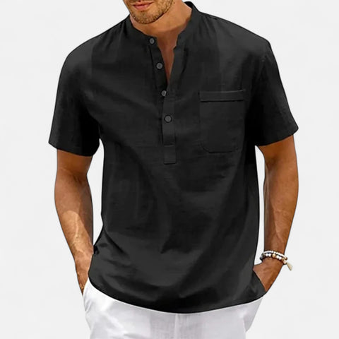 Celvarin | Men’s Premium Short-Sleeve Cotton-Linen Henley Shirt with Chest Pocket