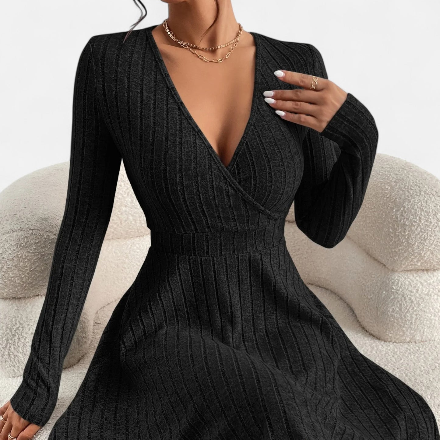 Celvarin | Women’s Premium Long-Sleeve Knitted Bodycon Midi Dress with V-Neck