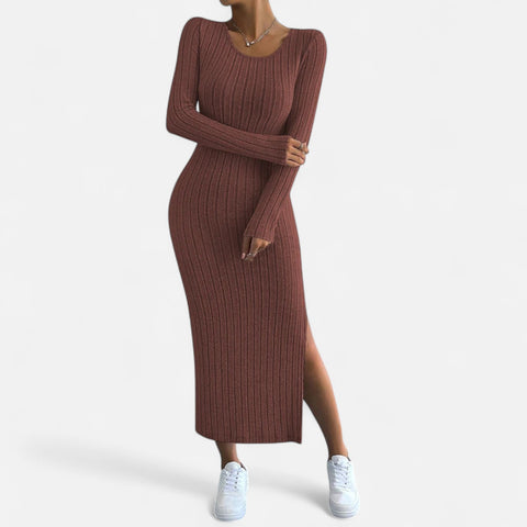 Celvarin | Women’s Premium Knitted Striped Bodycon Maxi Dress with U-Neck and Side Slit