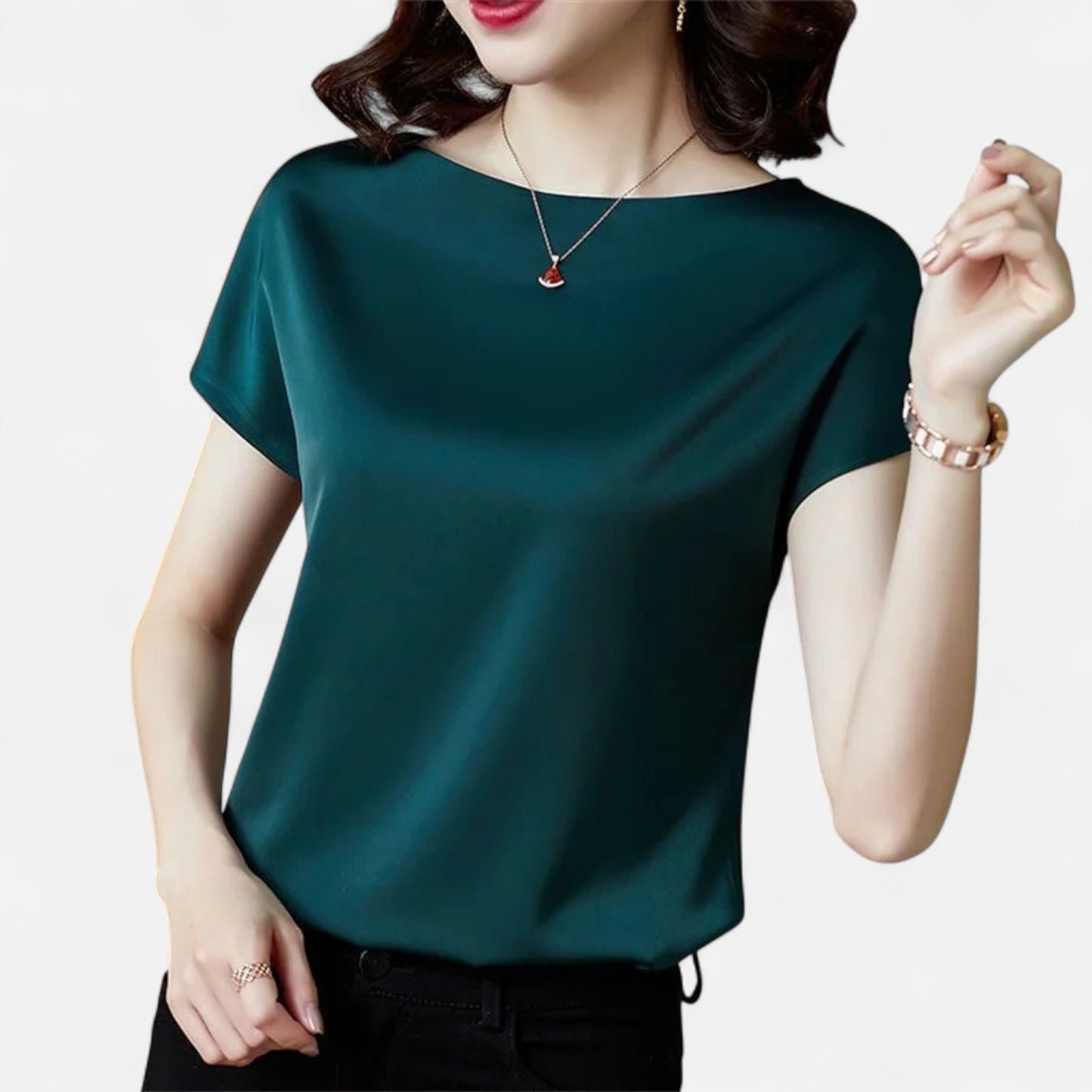 Celvarin | Women’s Premium Short Sleeve Satin Blouse – Round Neck