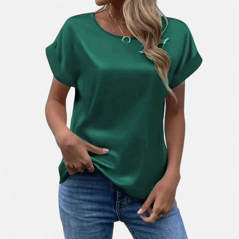 Celvarin | Women’s Premium Satin Blouse with Batwing Sleeves and Round Neck
