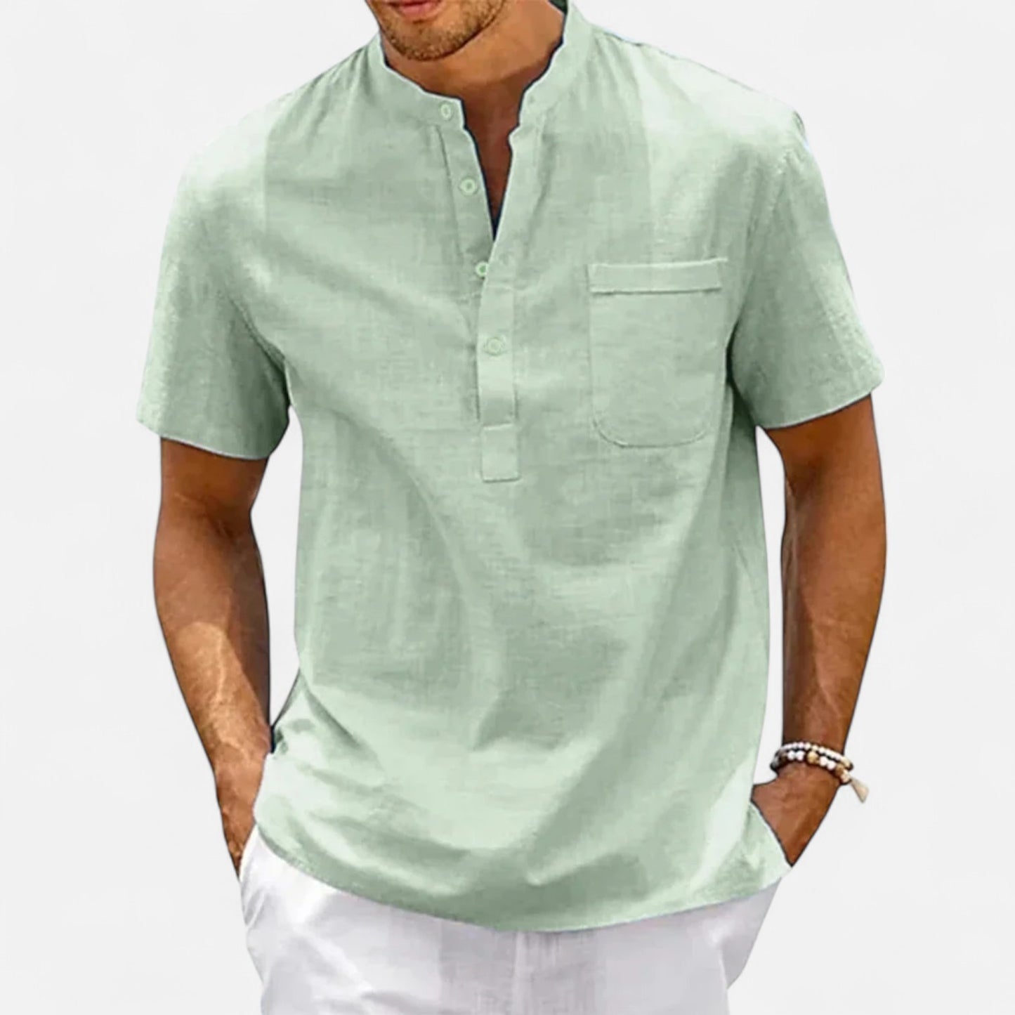 Celvarin | Men’s Premium Short-Sleeve Cotton-Linen Henley Shirt with Chest Pocket