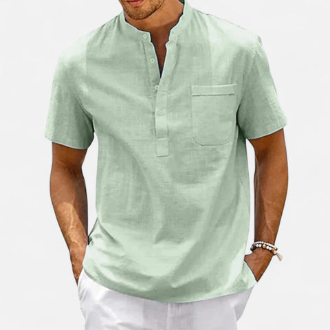 Celvarin | Men’s Premium Short-Sleeve Cotton-Linen Henley Shirt with Chest Pocket