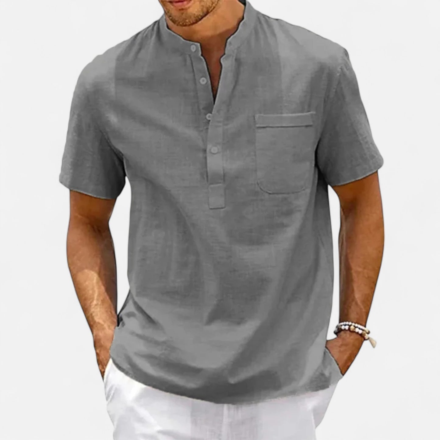Celvarin | Men’s Premium Short-Sleeve Cotton-Linen Henley Shirt with Chest Pocket