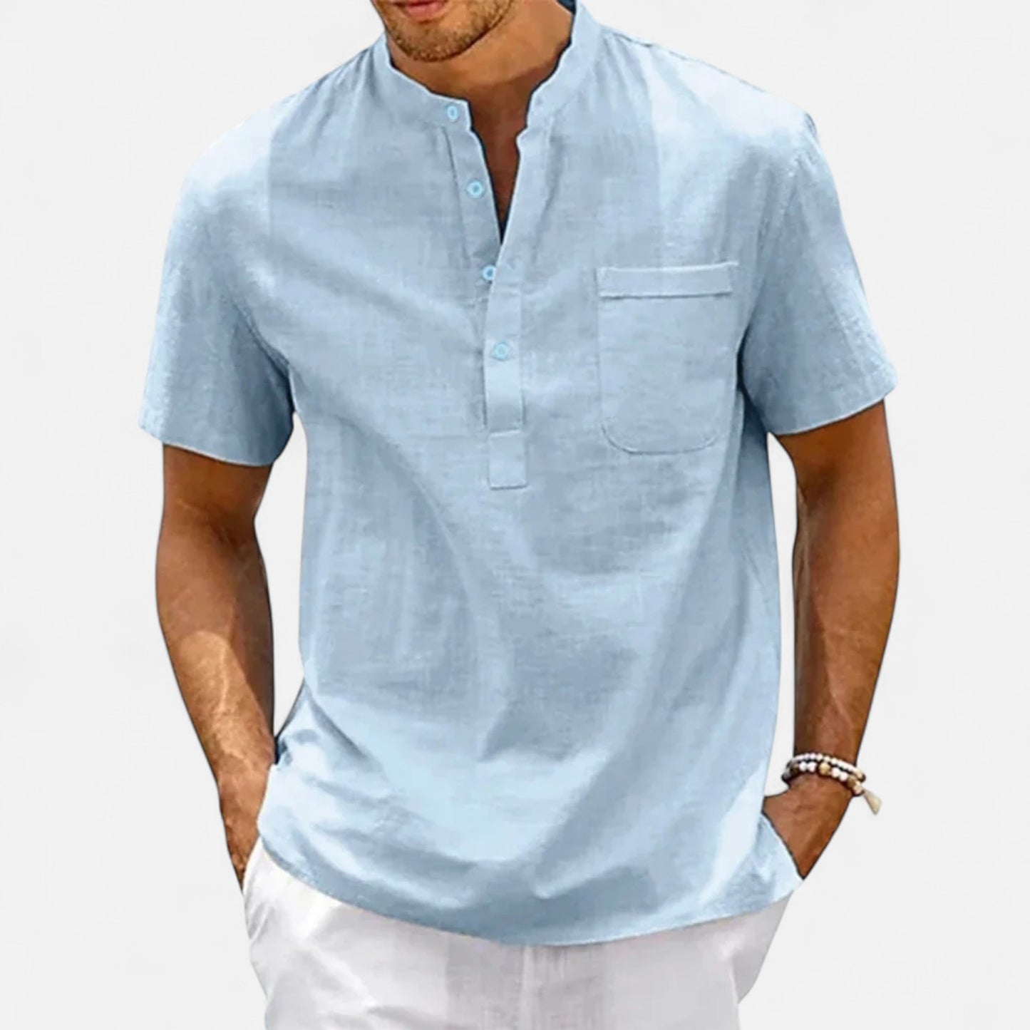Celvarin | Men’s Premium Short-Sleeve Cotton-Linen Henley Shirt with Chest Pocket