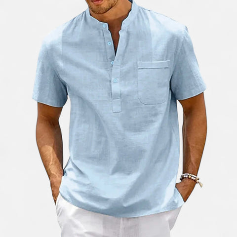 Celvarin | Men’s Premium Short-Sleeve Cotton-Linen Henley Shirt with Chest Pocket