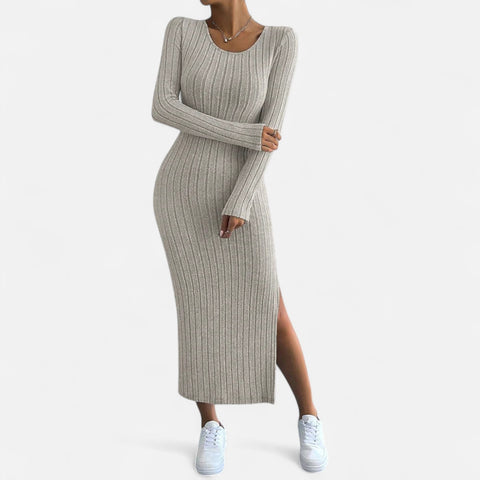 Celvarin | Women’s Premium Knitted Striped Bodycon Maxi Dress with U-Neck and Side Slit