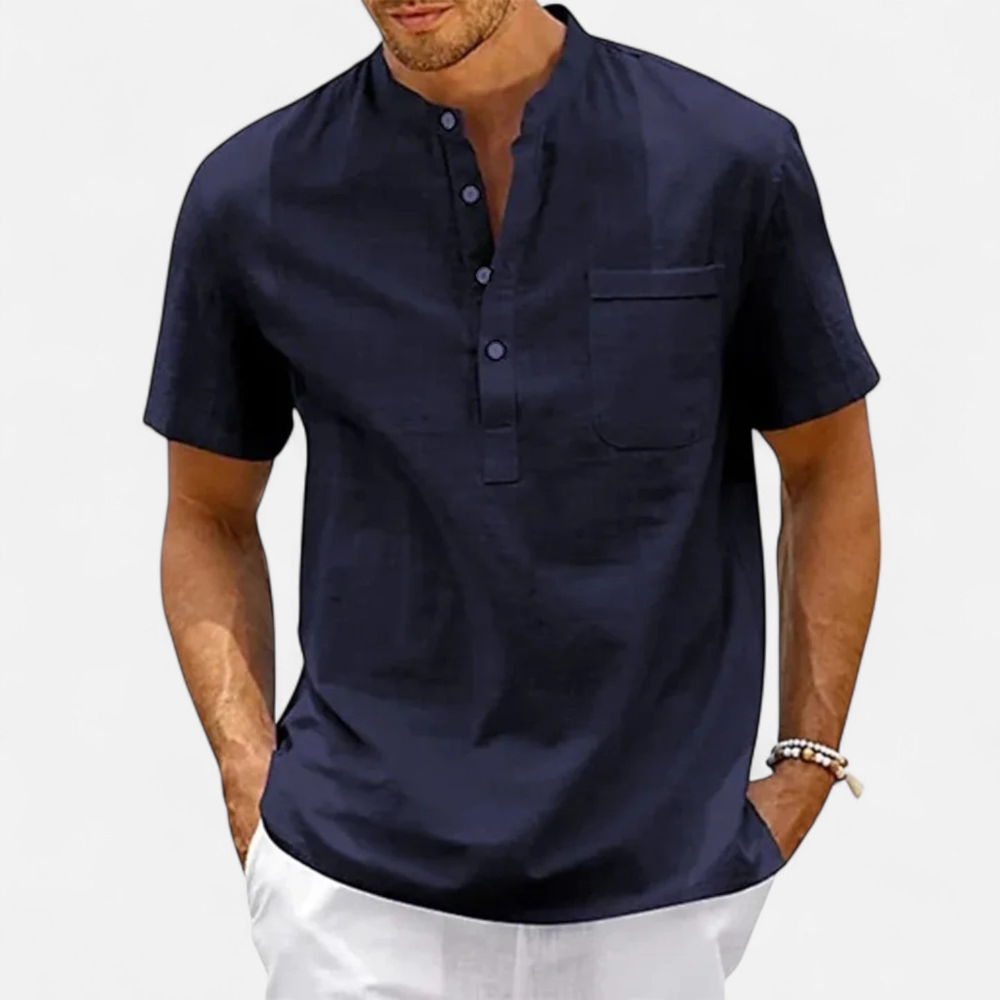 Celvarin | Men’s Premium Short-Sleeve Cotton-Linen Henley Shirt with Chest Pocket