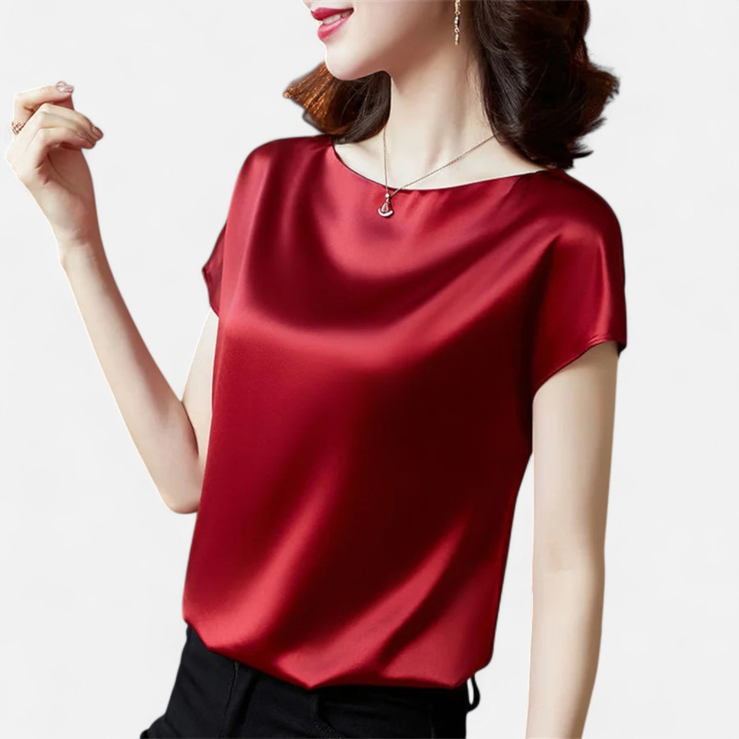 Celvarin | Women’s Premium Short Sleeve Satin Blouse – Round Neck