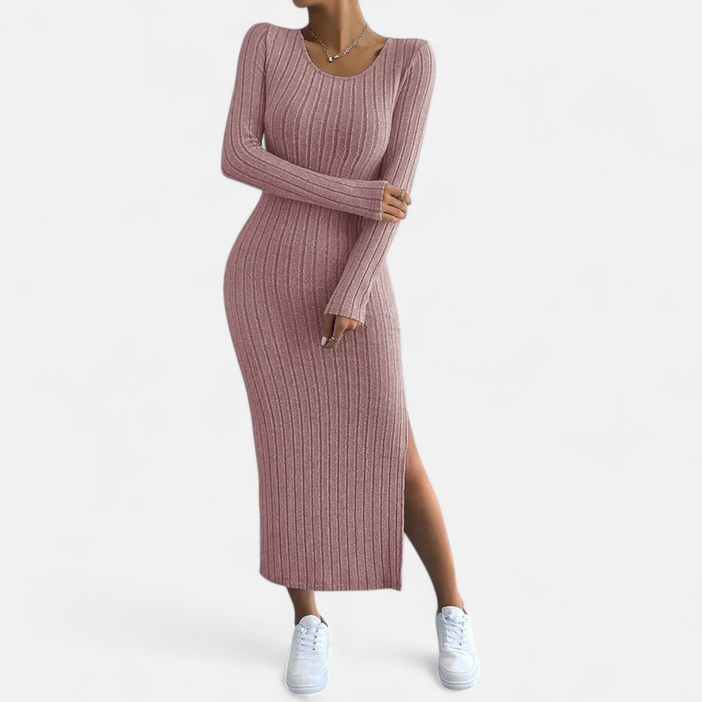 Celvarin | Women’s Premium Knitted Striped Bodycon Maxi Dress with U-Neck and Side Slit