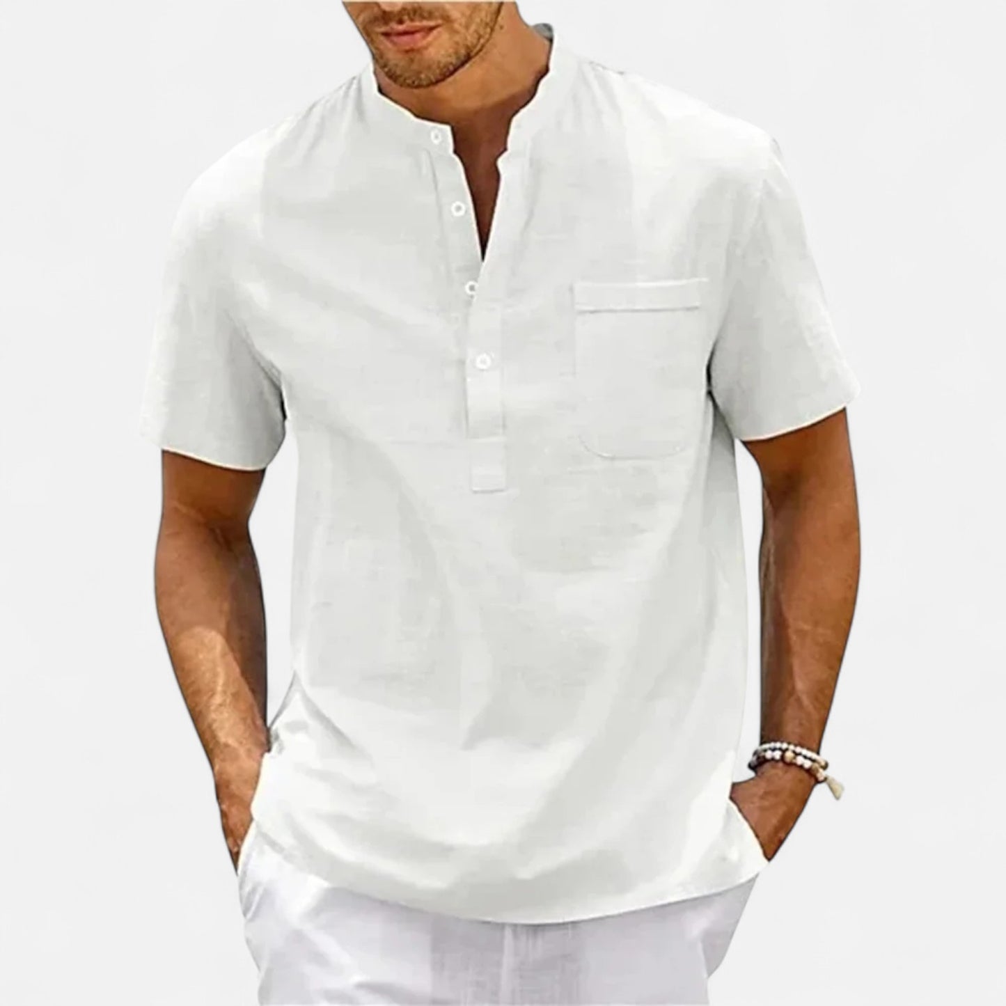 Celvarin | Men’s Premium Short-Sleeve Cotton-Linen Henley Shirt with Chest Pocket