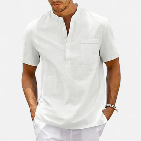 Celvarin | Men’s Premium Short-Sleeve Cotton-Linen Henley Shirt with Chest Pocket