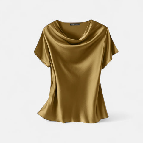 Celvarin | Women’s Premium Oversized Short Sleeve Satin Blouse with Round Neck