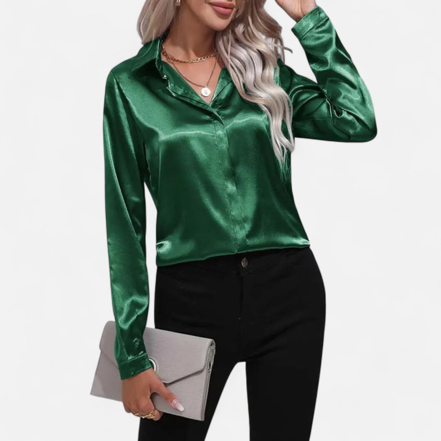 Celvarin | Women’s Premium Long Sleeve Satin Blouse – V-Neck