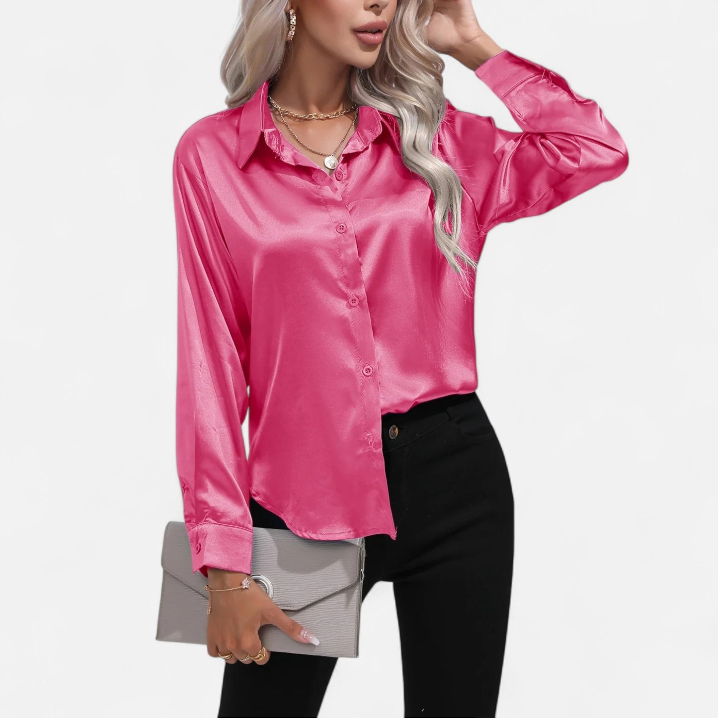 Celvarin | Women’s Premium Long Sleeve Satin Blouse – V-Neck