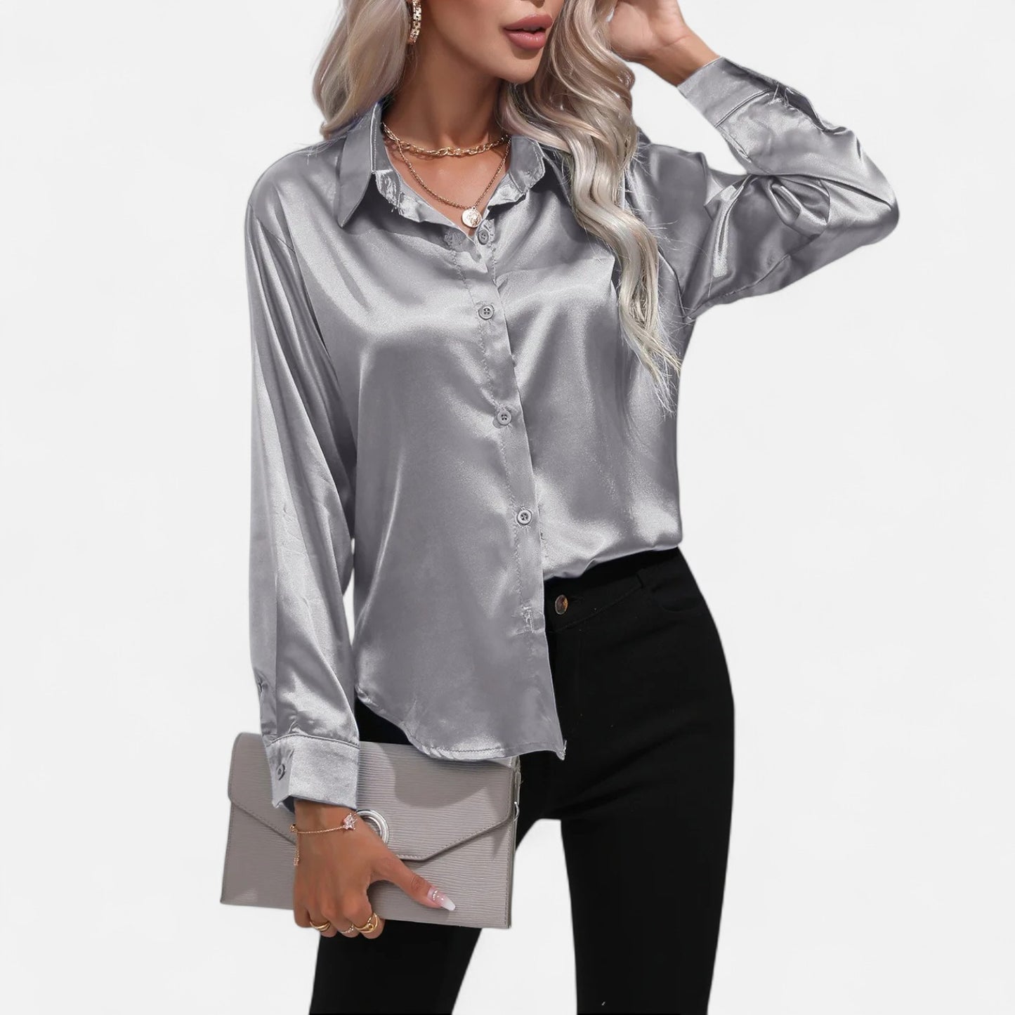 Celvarin | Women’s Premium Long Sleeve Satin Blouse – V-Neck