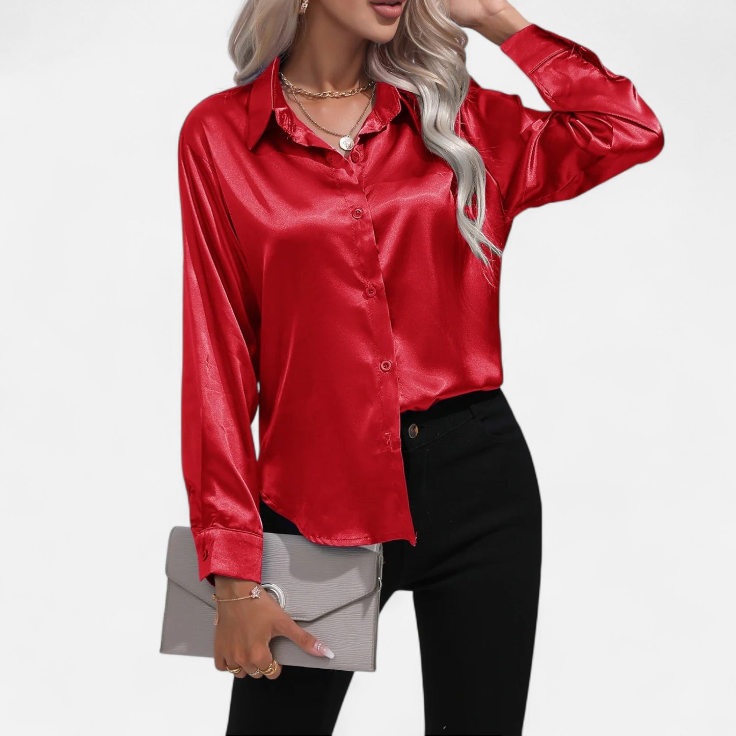 Celvarin | Women’s Premium Long Sleeve Satin Blouse – V-Neck