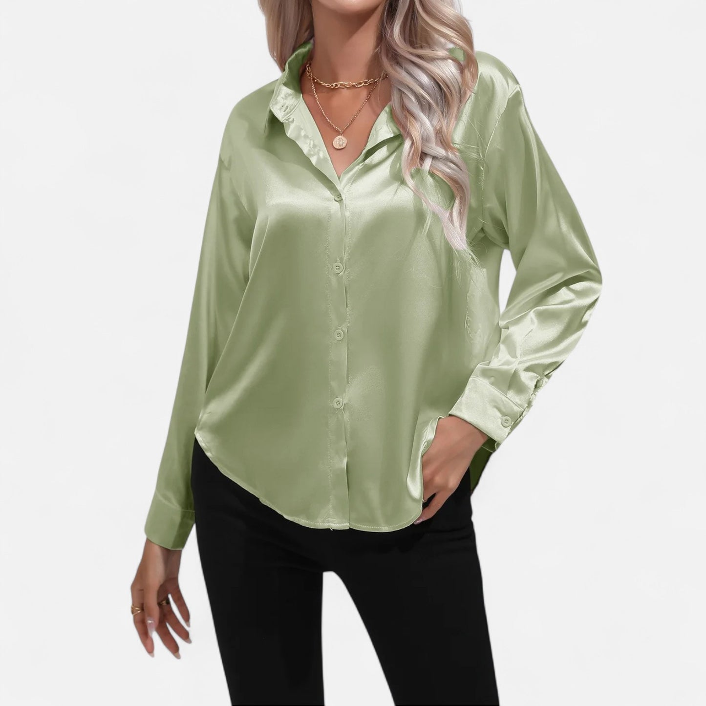 Celvarin | Women’s Premium Long Sleeve Satin Blouse – V-Neck