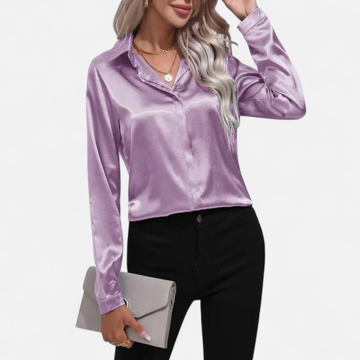 Celvarin | Women’s Premium Long Sleeve Satin Blouse – V-Neck