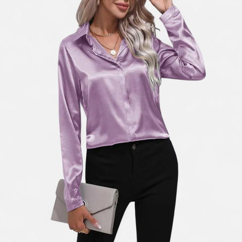 Celvarin | Women’s Premium Long Sleeve Satin Blouse – V-Neck