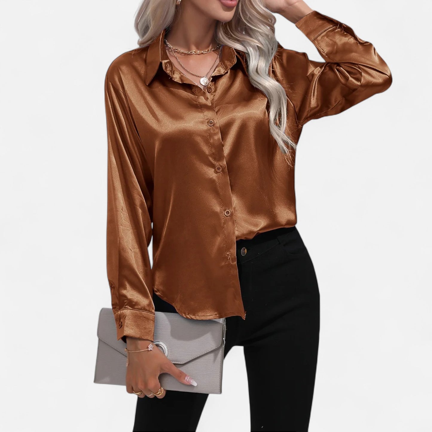 Celvarin | Women’s Premium Long Sleeve Satin Blouse – V-Neck